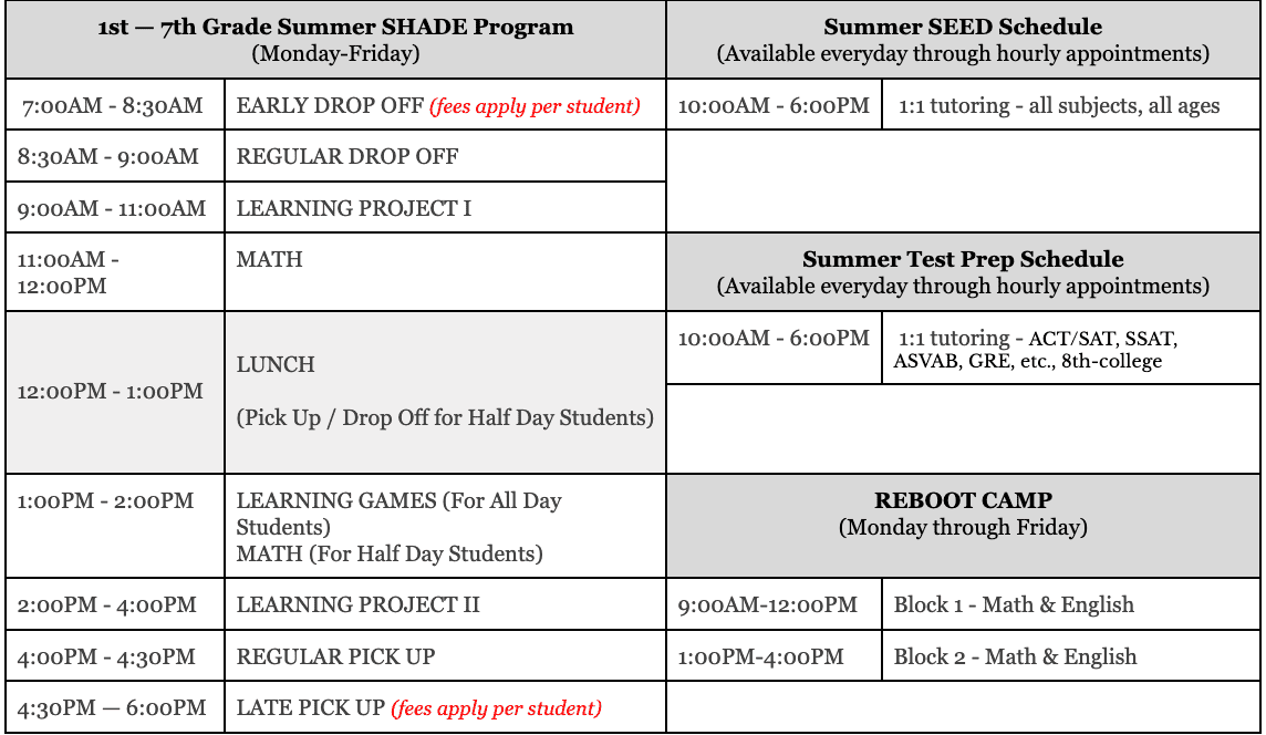 Summer Program Schedule at Middle Tree